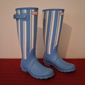 Hunter Striped Tall Rain Boots, Blue/White, Women's sz 6 EU 37